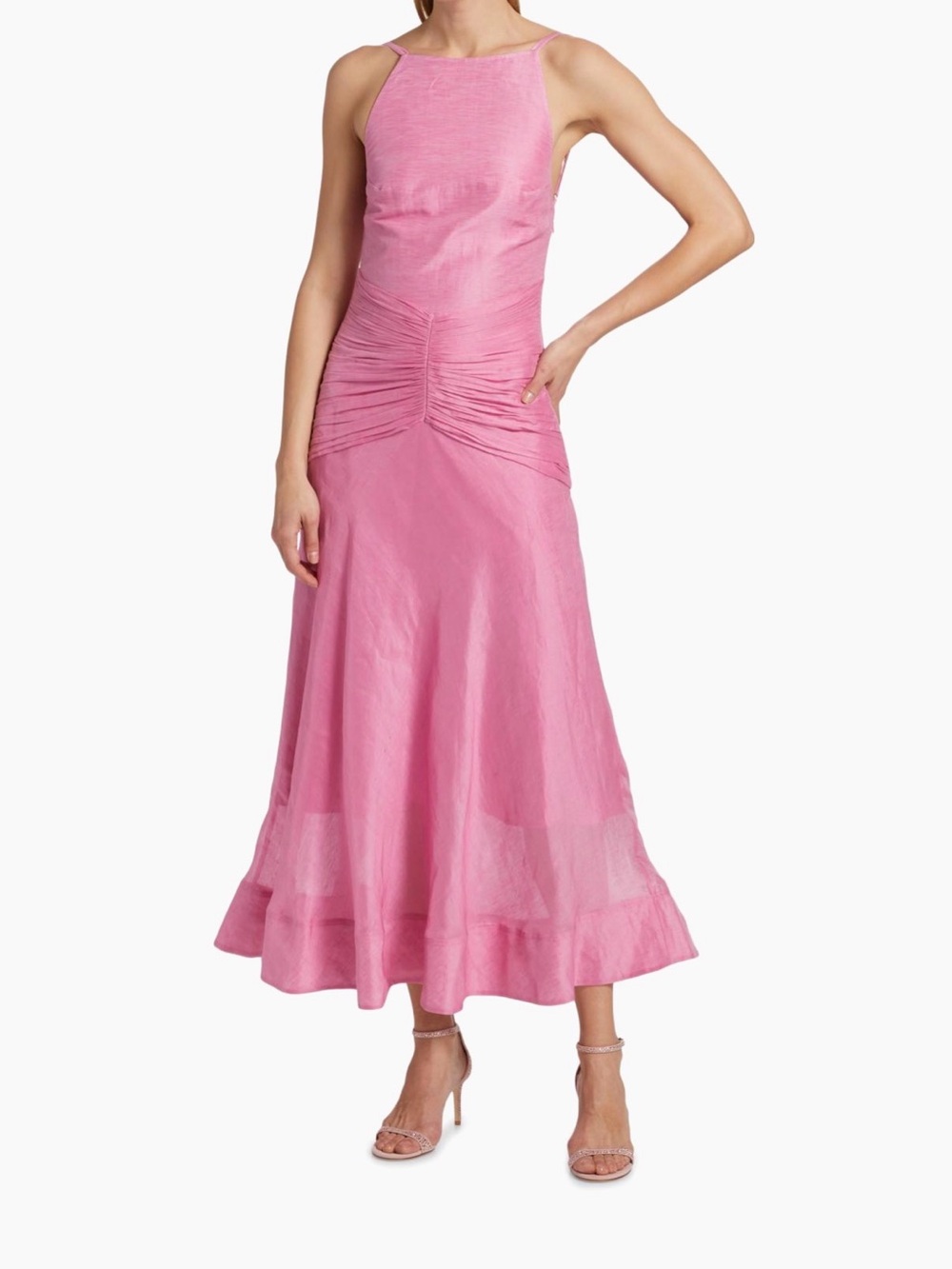 AMUR Pink Kylie Ruched Midi Dress